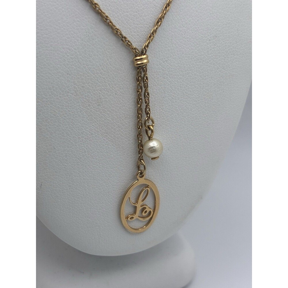 Avon Initial “L” Faux Pearl Pendant GoldTone Necklace Signed 21” VTG 80s Lariat